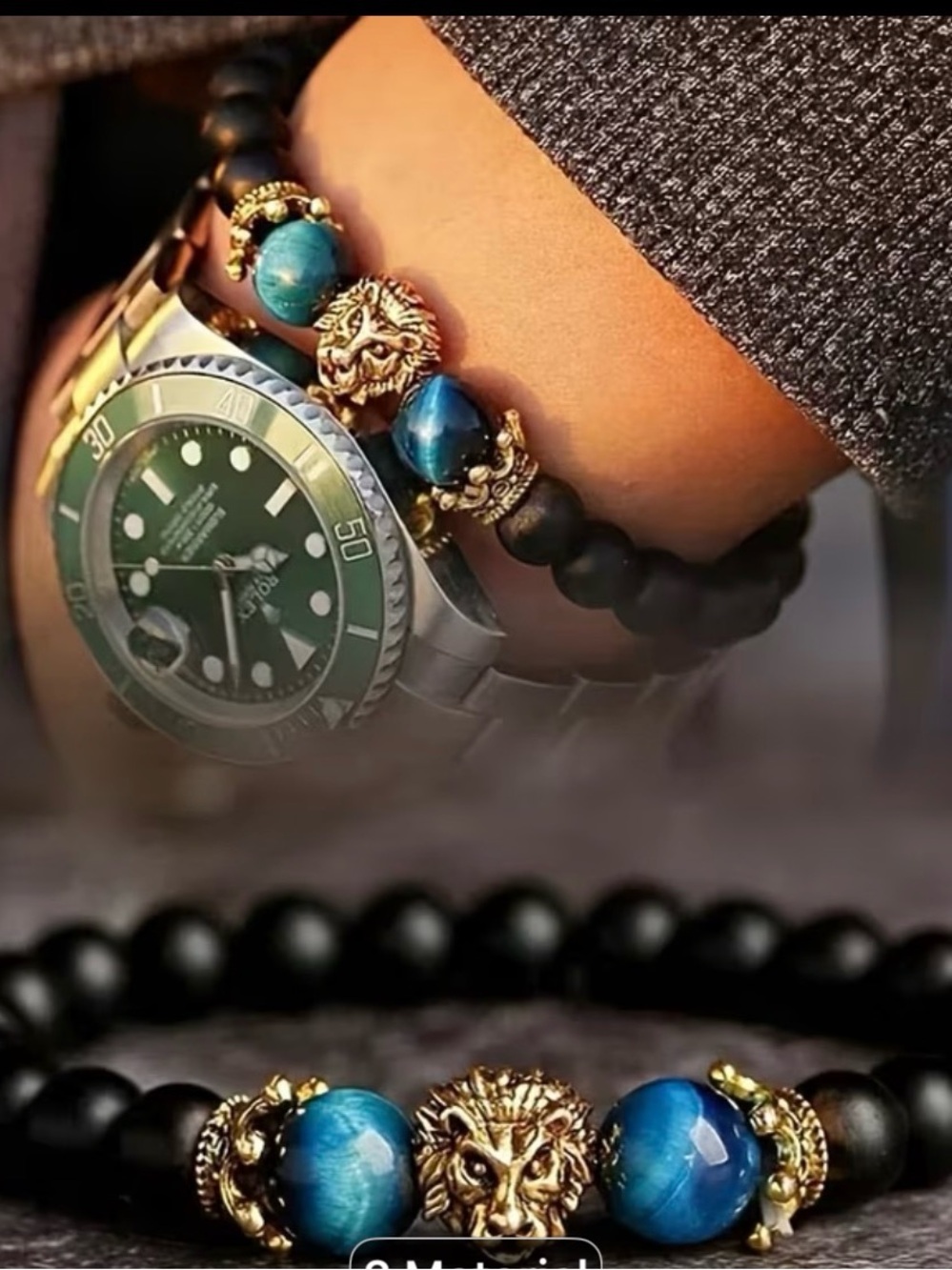 Gold Lion Bead Bracelet with Blue Tiger Eye and Black Matte Beads